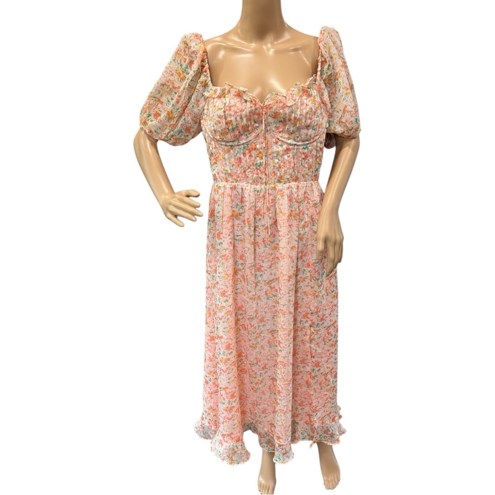 ASTR The Label Lunaria Pleated Midi Dress Orange Green Floral Chiffon Size M - Picture 8 of 15